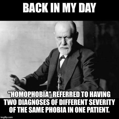 Sigmund Freud Sorry but | BACK IN MY DAY; "HOMOPHOBIA" REFERRED TO HAVING TWO DIAGNOSES OF DIFFERENT SEVERITY OF THE SAME PHOBIA IN ONE PATIENT. | image tagged in sigmund freud sorry but | made w/ Imgflip meme maker