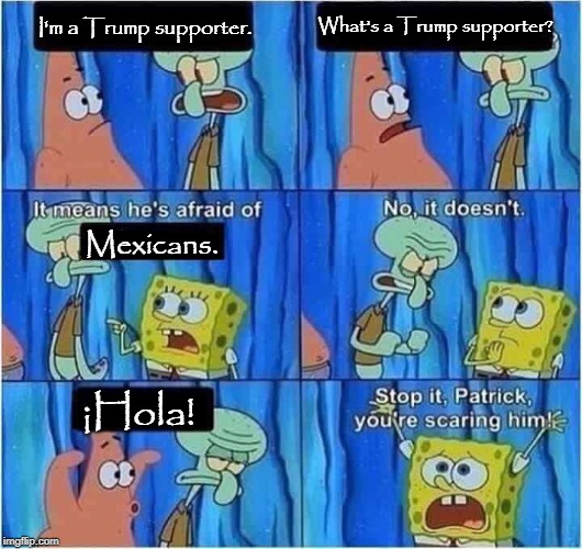 Scaring Squidward | I'm a Trump supporter. What's a Trump supporter? Mexicans. ¡Hola! | image tagged in scaring squidward,memes,trump,donald trump | made w/ Imgflip meme maker