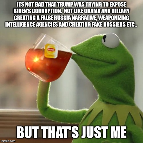But That's None Of My Business Meme | ITS NOT BAD THAT TRUMP WAS TRYING TO EXPOSE BIDEN'S CORRUPTION.  NOT LIKE OBAMA AND HILLARY CREATING A FALSE RUSSIA NARRATIVE, WEAPONIZING INTELLIGENCE AGENCIES AND CREATING FAKE DOSSIERS ETC.. BUT THAT'S JUST ME | image tagged in memes,but thats none of my business,kermit the frog | made w/ Imgflip meme maker