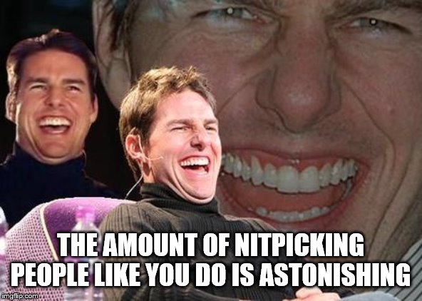 Tom Cruise laugh | THE AMOUNT OF NITPICKING PEOPLE LIKE YOU DO IS ASTONISHING | image tagged in tom cruise laugh | made w/ Imgflip meme maker