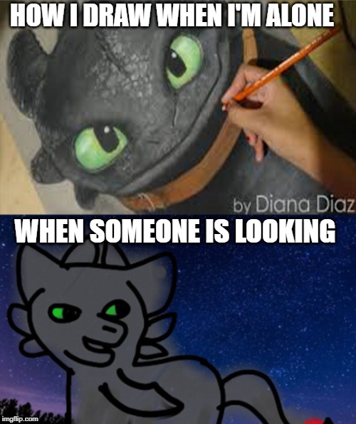 HOW I DRAW WHEN I'M ALONE; WHEN SOMEONE IS LOOKING | image tagged in how to train your dragon,art memes,bad drawing,toothless,meme,bored | made w/ Imgflip meme maker