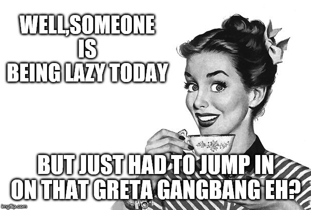 1950s Housewife | WELL,SOMEONE IS BEING LAZY TODAY BUT JUST HAD TO JUMP IN ON THAT GRETA GANGBANG EH? | image tagged in 1950s housewife | made w/ Imgflip meme maker