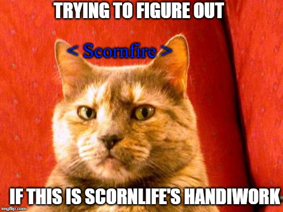 Suspicious Cat Meme | TRYING TO FIGURE OUT; < Scornfire >; IF THIS IS SCORNLIFE'S HANDIWORK | image tagged in memes,suspicious cat | made w/ Imgflip meme maker