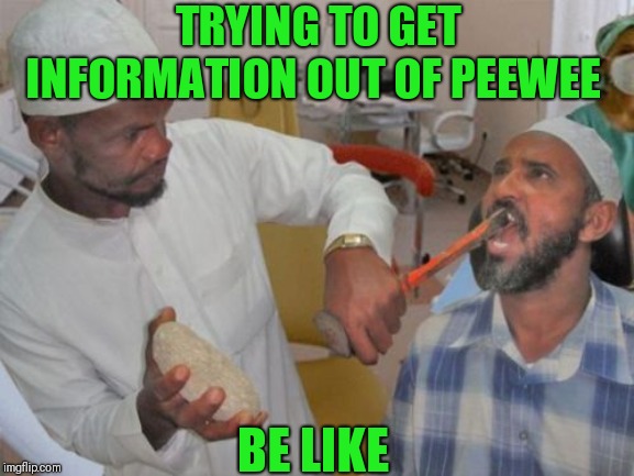 Obamacare Dentist | TRYING TO GET INFORMATION OUT OF PEEWEE BE LIKE | image tagged in obamacare dentist | made w/ Imgflip meme maker