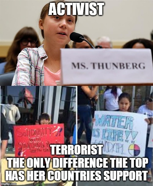 GRETA | ACTIVIST; TERRORIST
 THE ONLY DIFFERENCE THE TOP HAS HER COUNTRIES SUPPORT | image tagged in politics | made w/ Imgflip meme maker
