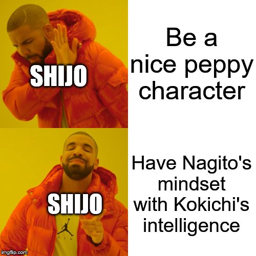 Drake Hotline Bling Meme | Be a nice peppy character; SHIJO; Have Nagito's mindset with Kokichi's intelligence; SHIJO | image tagged in memes,drake hotline bling | made w/ Imgflip meme maker