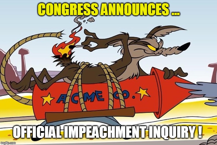 Official Impeachment Inquiry | CONGRESS ANNOUNCES ... OFFICIAL IMPEACHMENT INQUIRY ! | image tagged in wile e coyote,president trump,congress,impeach trump,stupid liberals,nancy pelosi | made w/ Imgflip meme maker