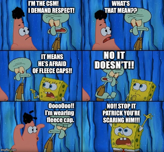 Stop it, Patrick! You're Scaring Him! | I’M THE CSM! I DEMAND RESPECT! WHAT’S THAT MEAN?? NO IT DOESN’T!! IT MEANS HE’S AFRAID OF FLEECE CAPS!! OoooOoo!! I’m wearing fleece cap. NO!! STOP IT PATRICK YOU’RE SCARING HIM!!! | image tagged in stop it patrick you're scaring him | made w/ Imgflip meme maker