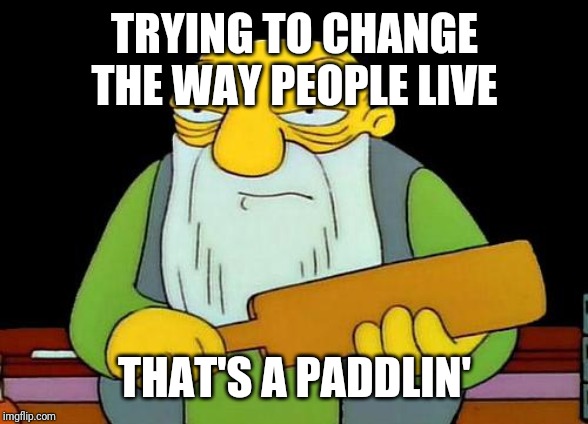 Whatever you do kids - let people live their own lives as they want . Have a good day :) | TRYING TO CHANGE THE WAY PEOPLE LIVE; THAT'S A PADDLIN' | image tagged in memes,that's a paddlin' | made w/ Imgflip meme maker