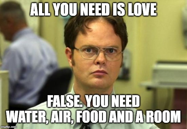 Love is Not the Only Thing | ALL YOU NEED IS LOVE; FALSE. YOU NEED WATER, AIR, FOOD AND A ROOM | image tagged in memes,dwight schrute | made w/ Imgflip meme maker