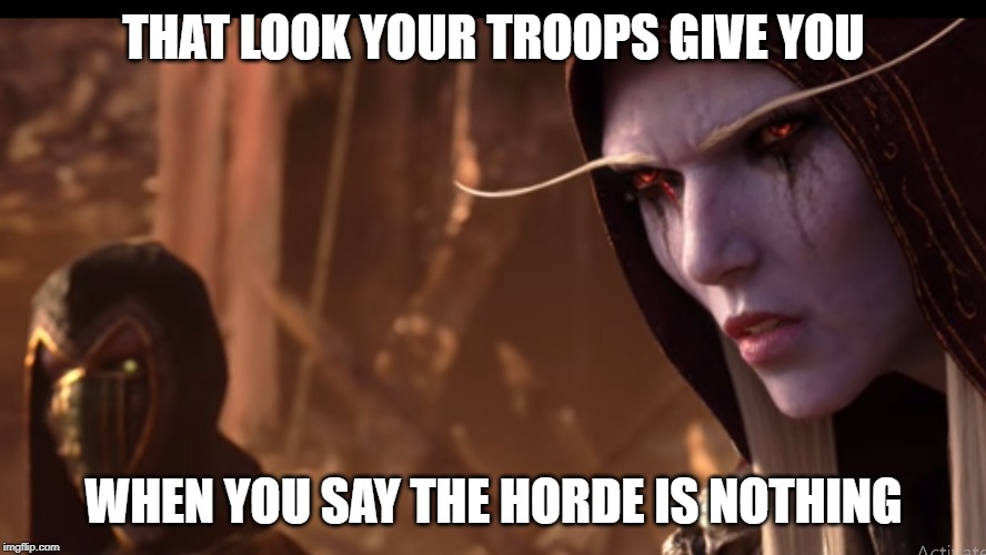 Horde and Sylvanas | THAT LOOK YOUR TROOPS GIVE YOU; WHEN YOU SAY THE HORDE IS NOTHING | image tagged in oops,sylvanas,horde,bfa,saurfang | made w/ Imgflip meme maker