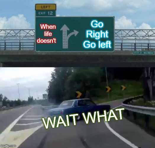 Left Exit 12 Off Ramp | When life doesn't; Go Right Go left; WAIT WHAT | image tagged in memes,left exit 12 off ramp | made w/ Imgflip meme maker