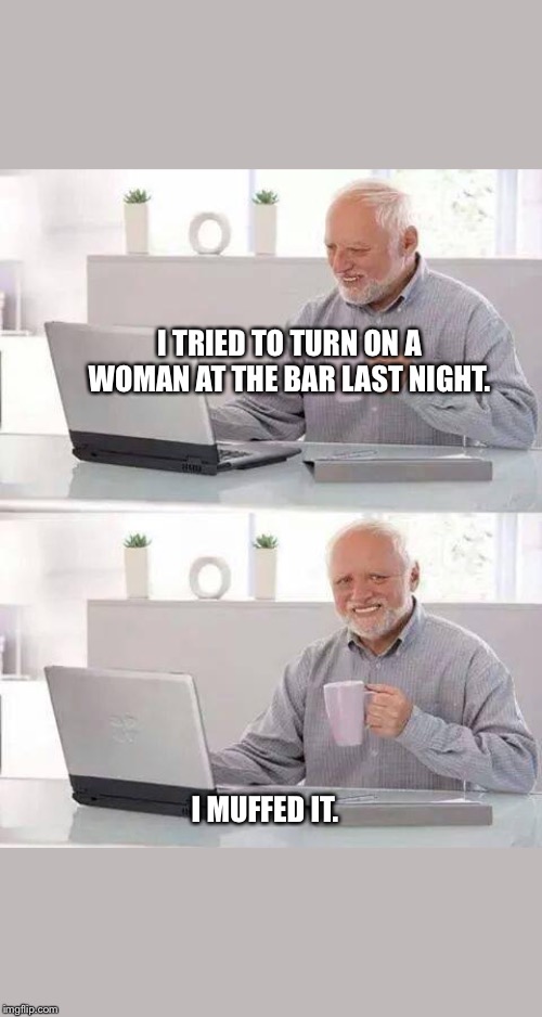 Hide the Pain Harold | I TRIED TO TURN ON A WOMAN AT THE BAR LAST NIGHT. I MUFFED IT. | image tagged in memes,hide the pain harold | made w/ Imgflip meme maker