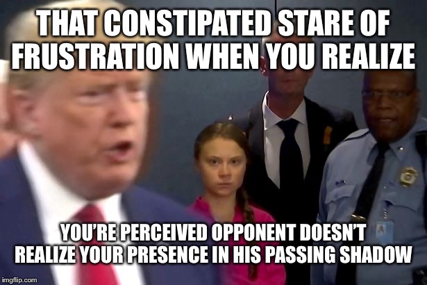 So brave, so troll...Huh, sumpin’ back there? Oh, it’s nothing. | THAT CONSTIPATED STARE OF FRUSTRATION WHEN YOU REALIZE; YOU’RE PERCEIVED OPPONENT DOESN’T REALIZE YOUR PRESENCE IN HIS PASSING SHADOW | image tagged in greta,trump | made w/ Imgflip meme maker