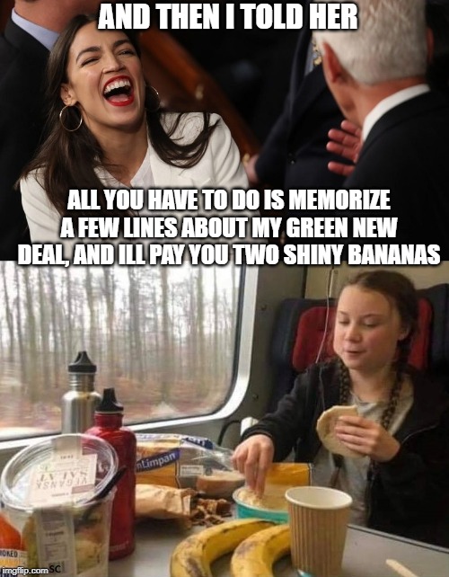 And then I told her | AND THEN I TOLD HER; ALL YOU HAVE TO DO IS MEMORIZE A FEW LINES ABOUT MY GREEN NEW DEAL, AND ILL PAY YOU TWO SHINY BANANAS | image tagged in greta green deal,aoc,climate change,greta thunberg,funny,funny memes | made w/ Imgflip meme maker