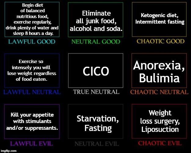 Alignment Chart | Begin diet of balanced nutritious food, exercise regularly, drink plenty of water and 
 sleep 8 hours a day. Eliminate all junk food, alcohol and soda. Ketogenic diet, Intermittent fasting; Exercise so intensely you will
 lose weight regardless
 of food eaten. Anorexia, Bulimia; CICO; Starvation, Fasting; Kill your appetite with stimulants and/or suppressants. Weight loss surgery, Liposuction | image tagged in alignment chart | made w/ Imgflip meme maker