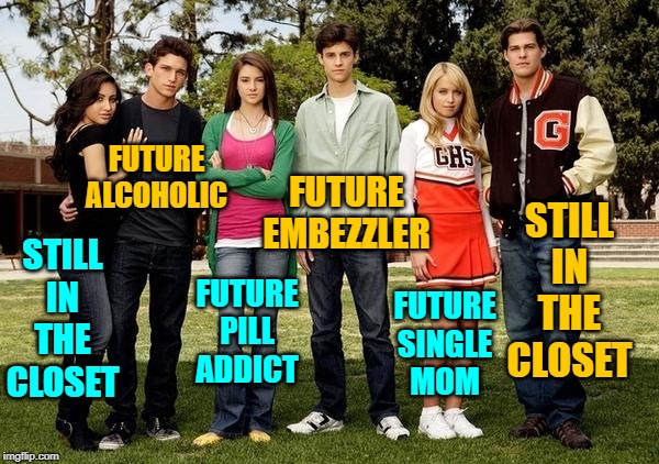 Popular Predictions | FUTURE
ALCOHOLIC; FUTURE
EMBEZZLER; STILL IN THE CLOSET; FUTURE
PILL
ADDICT; FUTURE
SINGLE
MOM; STILL IN THE CLOSET | image tagged in popular kids,the future,prediction,lol so funny,school meme,high school | made w/ Imgflip meme maker