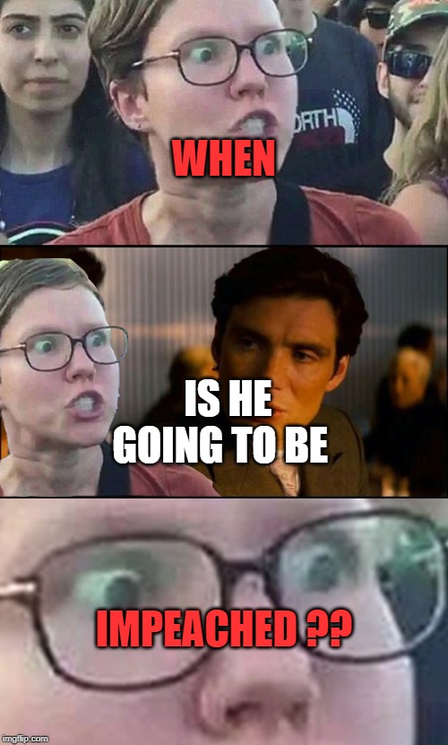 T R I G G E R E D !! | WHEN; IS HE GOING TO BE; IMPEACHED ?? | image tagged in politics,political meme,political,politics lol,political humor | made w/ Imgflip meme maker