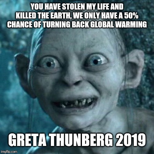 Gollum Meme | YOU HAVE STOLEN MY LIFE AND KILLED THE EARTH, WE ONLY HAVE A 50% CHANCE OF TURNING BACK GLOBAL WARMING; GRETA THUNBERG 2019 | image tagged in memes,gollum | made w/ Imgflip meme maker