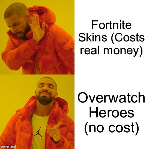Drake Hotline Bling Meme | Fortnite Skins (Costs real money); Overwatch Heroes (no cost) | image tagged in memes,drake hotline bling | made w/ Imgflip meme maker