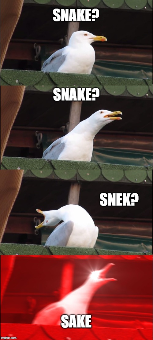Inhaling Seagull | SNAKE? SNAKE? SNEK? SAKE | image tagged in memes,inhaling seagull | made w/ Imgflip meme maker