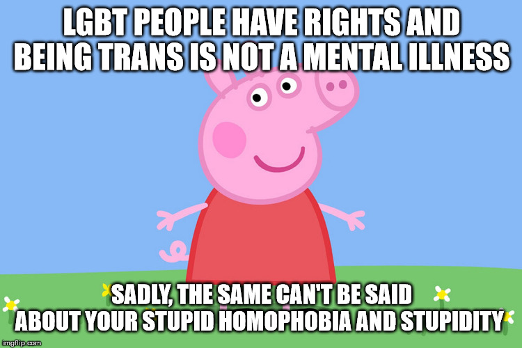 Peppa believes LGBT people are human to | LGBT PEOPLE HAVE RIGHTS AND BEING TRANS IS NOT A MENTAL ILLNESS; SADLY, THE SAME CAN'T BE SAID ABOUT YOUR STUPID HOMOPHOBIA AND STUPIDITY | image tagged in peppa pig,lgbt,gay rights,political meme | made w/ Imgflip meme maker