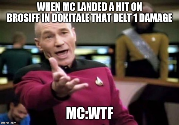 Picard Wtf Meme | WHEN MC LANDED A HIT ON BROSIFF IN DOKITALE THAT DELT 1 DAMAGE; MC:WTF | image tagged in memes,picard wtf | made w/ Imgflip meme maker