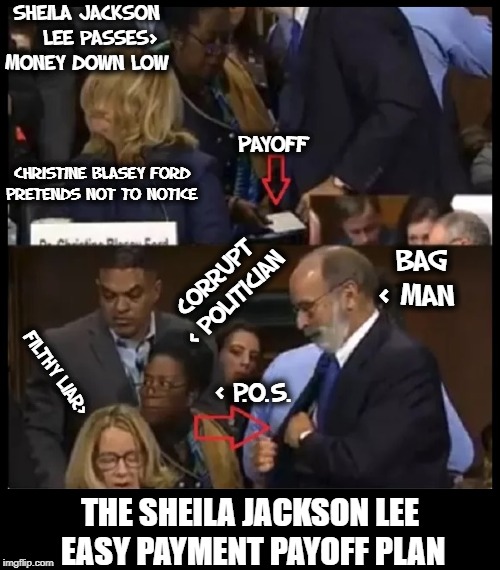 Why NOTHING the Left says can be believed... |  SHEILA JACKSON     LEE PASSES> MONEY DOWN LOW; PAYOFF; CHRISTINE BLASEY FORD PRETENDS NOT TO NOTICE; BAG < MAN; CORRUPT < POLITICIAN; FILTHY LIAR>; < P.O.S. THE SHEILA JACKSON LEE  EASY PAYMENT PAYOFF PLAN | image tagged in vince vance,sheila jackson lee,christine blasey ford,senate,hearings,brett kavanaugh | made w/ Imgflip meme maker