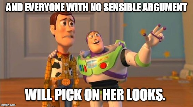 TOYSTORY EVERYWHERE |  AND EVERYONE WITH NO SENSIBLE ARGUMENT; WILL PICK ON HER LOOKS. | image tagged in toystory everywhere | made w/ Imgflip meme maker