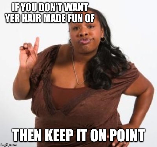 sassy black woman | IF YOU DON’T WANT YER HAIR MADE FUN OF THEN KEEP IT ON POINT | image tagged in sassy black woman | made w/ Imgflip meme maker