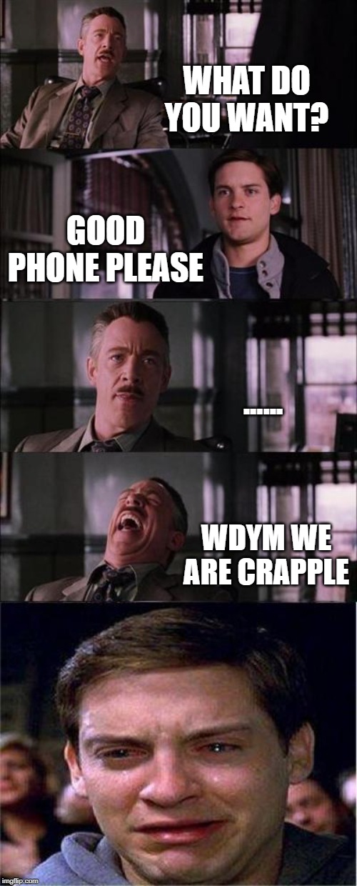Peter Parker Cry Meme |  WHAT DO YOU WANT? GOOD PHONE PLEASE; ...... WDYM WE ARE CRAPPLE | image tagged in memes,peter parker cry | made w/ Imgflip meme maker