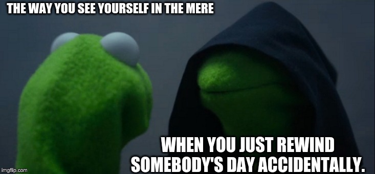 Evil Kermit Meme | THE WAY YOU SEE YOURSELF IN THE MERE; WHEN YOU JUST REWIND SOMEBODY'S DAY ACCIDENTALLY. | image tagged in memes,evil kermit | made w/ Imgflip meme maker