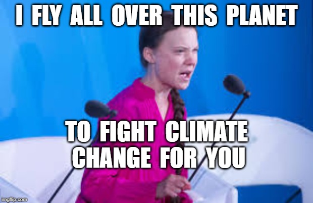 I  FLY  ALL  OVER  THIS  PLANET; TO  FIGHT  CLIMATE  CHANGE  FOR  YOU | image tagged in climate change,climate,greta thunberg,climate change hoax | made w/ Imgflip meme maker