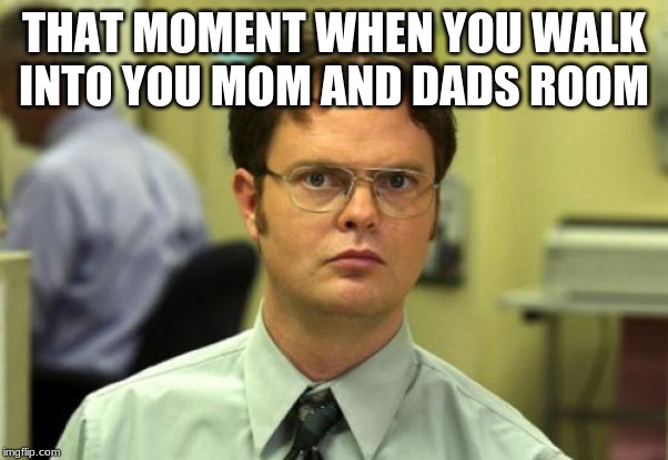 Dwight Schrute Meme | THAT MOMENT WHEN YOU WALK INTO YOU MOM AND DADS ROOM | image tagged in memes,dwight schrute | made w/ Imgflip meme maker