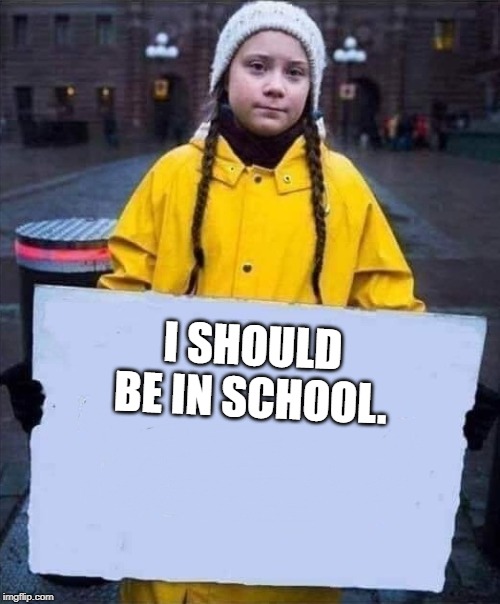 Greta | I SHOULD BE IN SCHOOL. | image tagged in greta | made w/ Imgflip meme maker