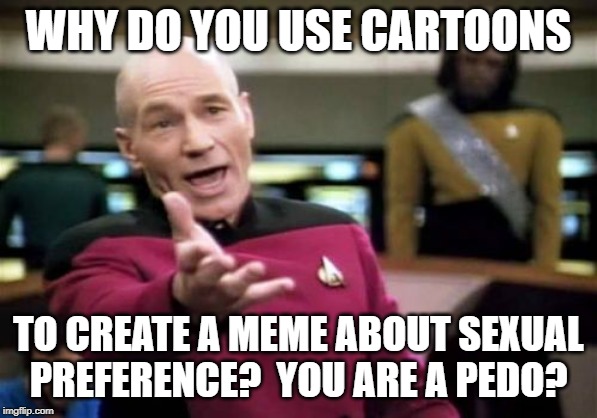 Picard Wtf Meme | WHY DO YOU USE CARTOONS TO CREATE A MEME ABOUT SEXUAL PREFERENCE?  YOU ARE A PEDO? | image tagged in memes,picard wtf | made w/ Imgflip meme maker