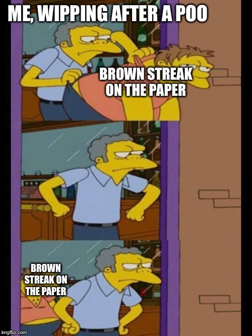Moe and Barney | ME, WIPPING AFTER A POO; BROWN STREAK ON THE PAPER; BROWN STREAK ON THE PAPER | image tagged in moe and barney | made w/ Imgflip meme maker