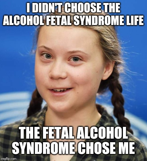 Greta Thunberg | I DIDN'T CHOOSE THE ALCOHOL FETAL SYNDROME LIFE; THE FETAL ALCOHOL SYNDROME CHOSE ME | image tagged in greta thunberg | made w/ Imgflip meme maker