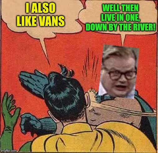 Batman Slapping Robin Meme | I ALSO LIKE VANS WELL THEN LIVE IN ONE, DOWN BY THE RIVER! | image tagged in memes,batman slapping robin | made w/ Imgflip meme maker