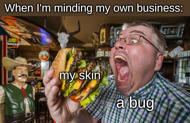 When I'm minding my own business:; my skin; a bug | image tagged in life,memes | made w/ Imgflip meme maker