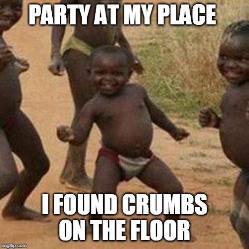 Third World Success Kid | PARTY AT MY PLACE; I FOUND CRUMBS ON THE FLOOR | image tagged in memes,third world success kid | made w/ Imgflip meme maker