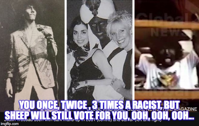 Justin Trudeau, three times a racist (that we know of) | YOU ONCE, TWICE , 3 TIMES A RACIST, BUT SHEEP WILL STILL VOTE FOR YOU, OOH, OOH, OOH... | image tagged in politics,political humor,canada,ignorant,racist,justin trudeau | made w/ Imgflip meme maker