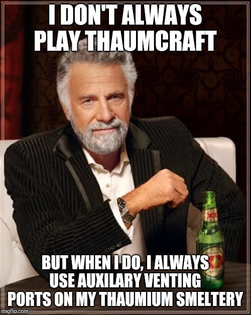 The Most Interesting Man In The World | I DON'T ALWAYS PLAY THAUMCRAFT; BUT WHEN I DO, I ALWAYS USE AUXILARY VENTING PORTS ON MY THAUMIUM SMELTERY | image tagged in memes,the most interesting man in the world | made w/ Imgflip meme maker