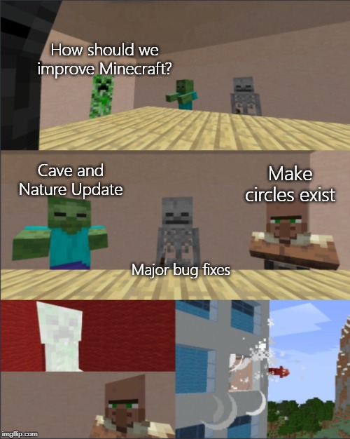 Minecraft boardroom meeting | How should we improve Minecraft? Cave and Nature Update; Make circles exist; Major bug fixes | image tagged in minecraft boardroom meeting | made w/ Imgflip meme maker