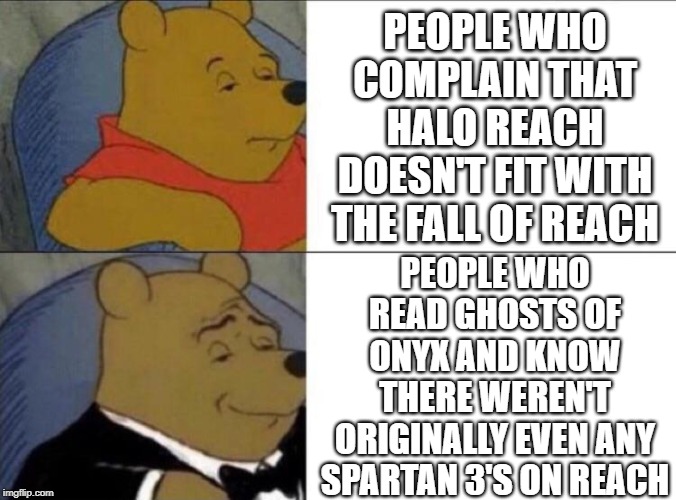 intellectual pooh | PEOPLE WHO COMPLAIN THAT HALO REACH DOESN'T FIT WITH THE FALL OF REACH; PEOPLE WHO READ GHOSTS OF ONYX AND KNOW THERE WEREN'T ORIGINALLY EVEN ANY SPARTAN 3'S ON REACH | image tagged in intellectual pooh | made w/ Imgflip meme maker