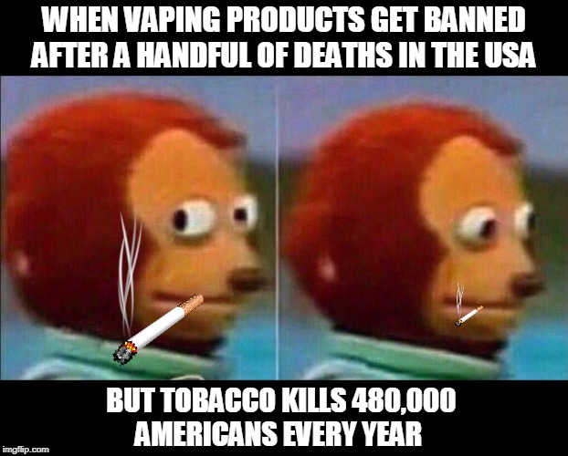 Big Gov Saving Us From Ourselves | WHEN VAPING PRODUCTS GET BANNED AFTER A HANDFUL OF DEATHS IN THE USA; BUT TOBACCO KILLS 480,000
AMERICANS EVERY YEAR | image tagged in monkey looking away,vaping,electronic cigarettes,massachusetts,stupid government | made w/ Imgflip meme maker