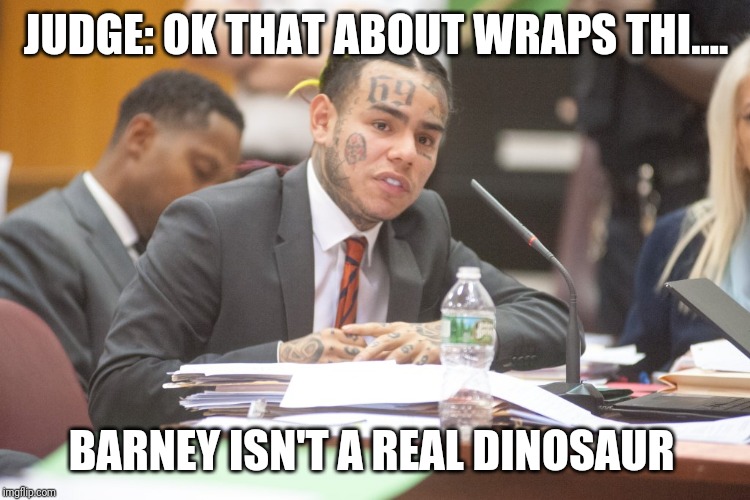 Tekashi 6ix9ine testifies | JUDGE: OK THAT ABOUT WRAPS THI.... BARNEY ISN'T A REAL DINOSAUR | image tagged in tekashi 6ix9ine testifies | made w/ Imgflip meme maker