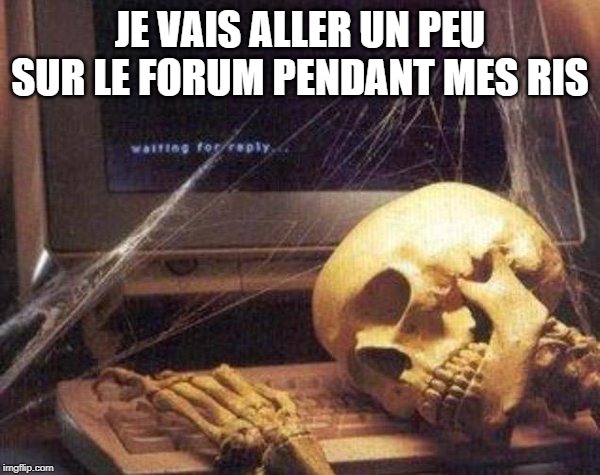 Waiting Skeleton | JE VAIS ALLER UN PEU SUR LE FORUM PENDANT MES RIS | image tagged in waiting skeleton | made w/ Imgflip meme maker
