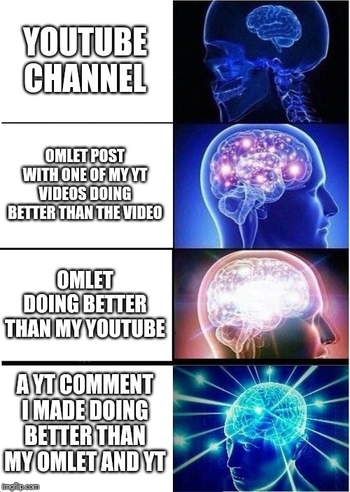 Expanding Brain | YOUTUBE CHANNEL; OMLET POST WITH ONE OF MY YT VIDEOS DOING BETTER THAN THE VIDEO; OMLET DOING BETTER THAN MY YOUTUBE; A YT COMMENT I MADE DOING BETTER THAN MY OMLET AND YT | image tagged in memes,expanding brain | made w/ Imgflip meme maker