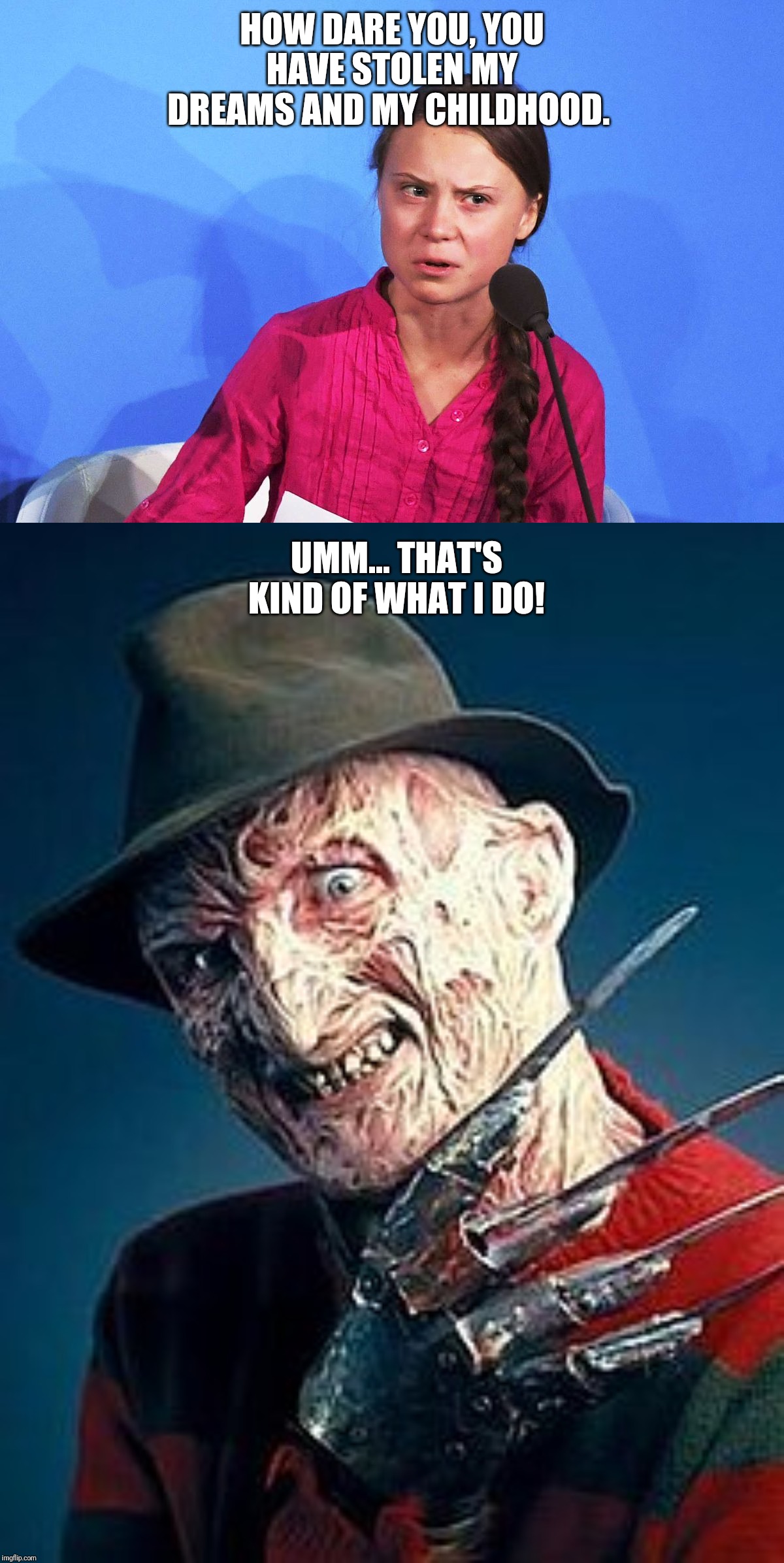 Thunberg krueger | HOW DARE YOU, YOU HAVE STOLEN MY DREAMS AND MY CHILDHOOD. UMM... THAT'S KIND OF WHAT I DO! | image tagged in freddy krueger face | made w/ Imgflip meme maker